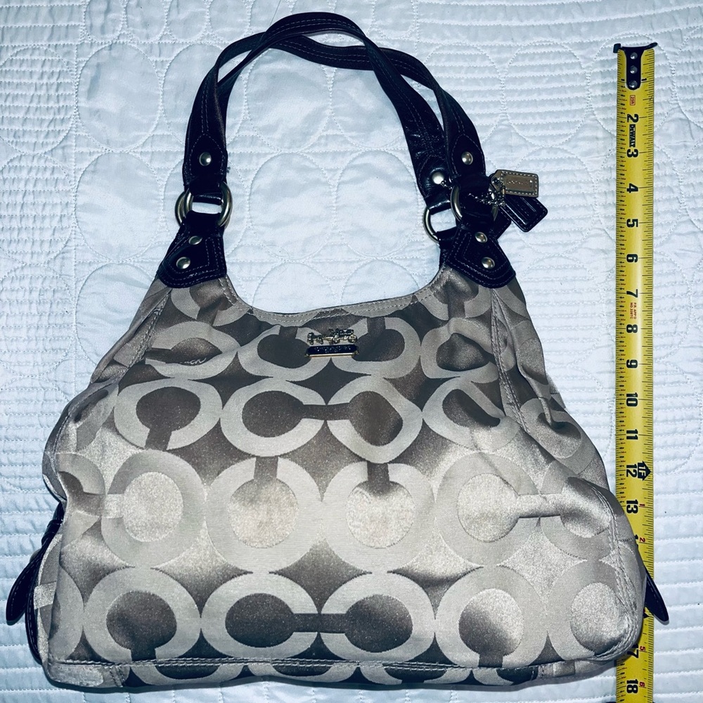Coach bag.  Satin gold/tan with brown leather and gold accents.